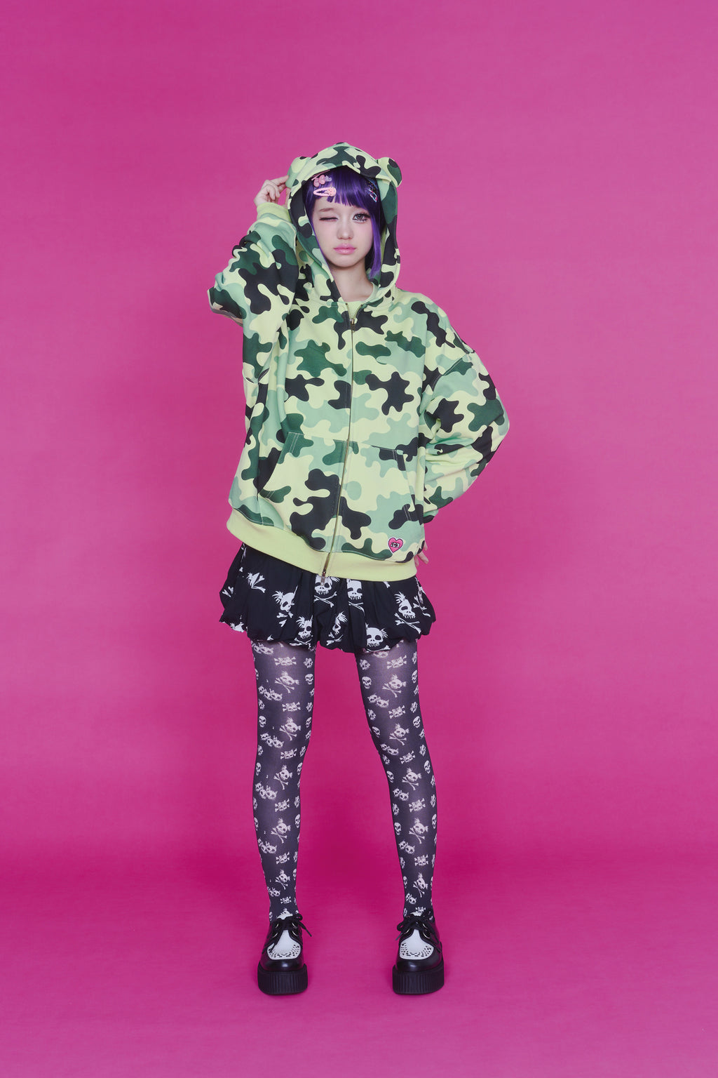 KAWAII CAMO WAFFLE ZIP HOODIE GREEN
