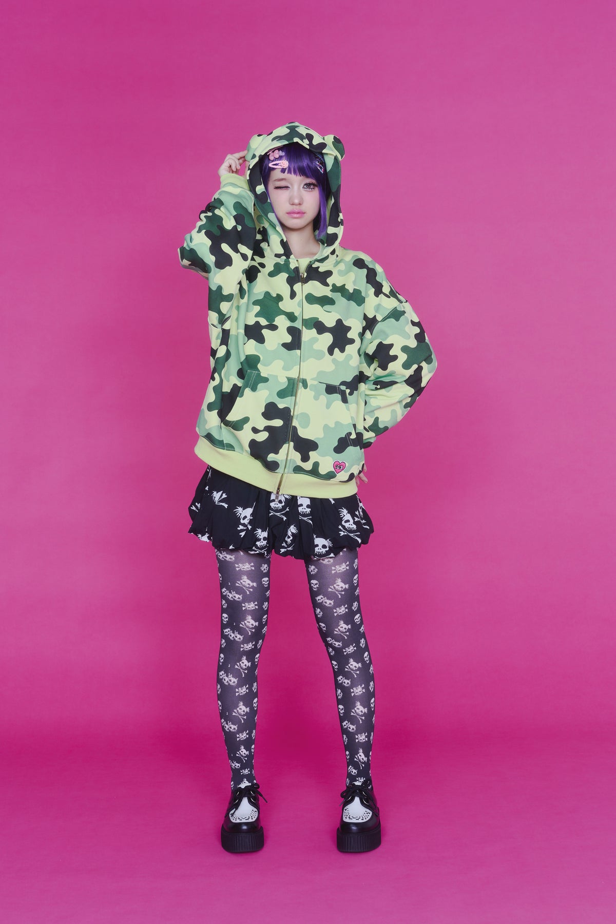 KAWAII CAMO WAFFLE ZIP HOODIE GREEN