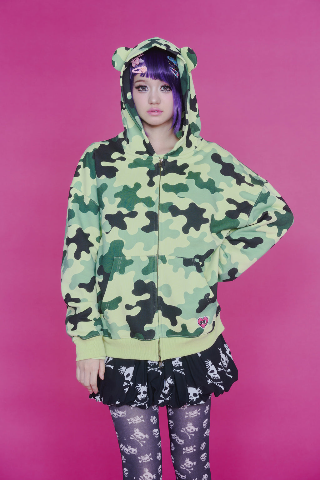 KAWAII CAMO WAFFLE ZIP HOODIE GREEN