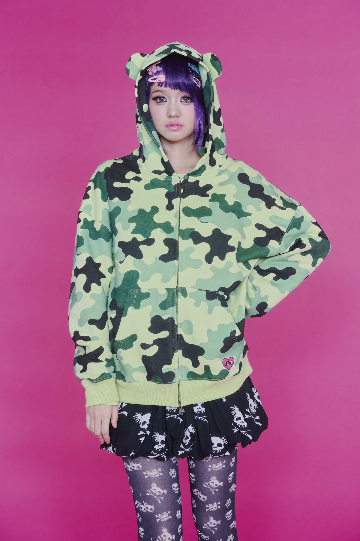 KAWAII CAMO WAFFLE ZIP HOODIE GREEN