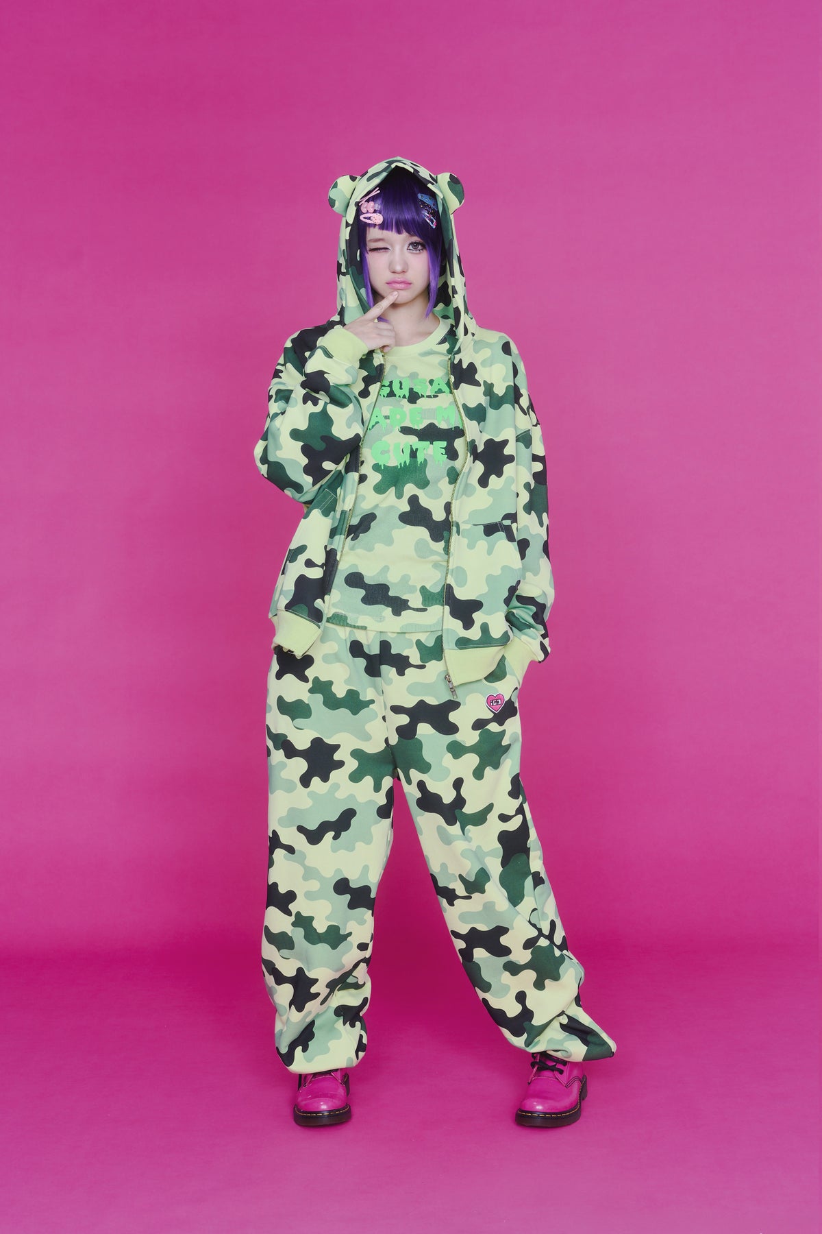 KAWAII CAMO WAFFLE ZIP HOODIE GREEN