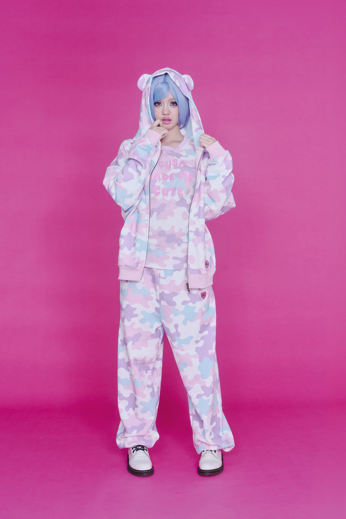 KAWAII CAMO WAFFLE ZIP HOODIE PINK