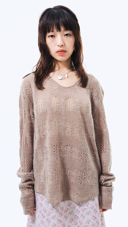 Eyelet V-neck knit (moka)