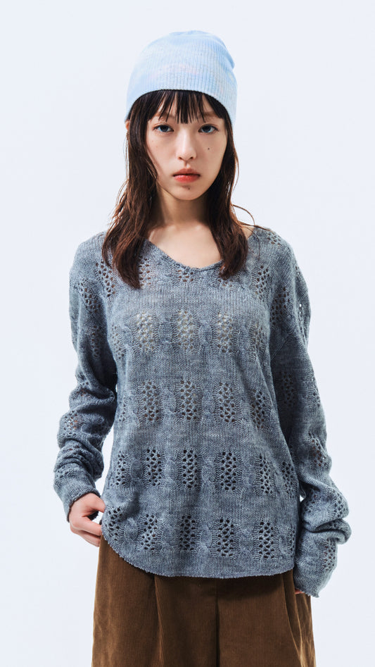 Eyelet V-neck knit (gray)