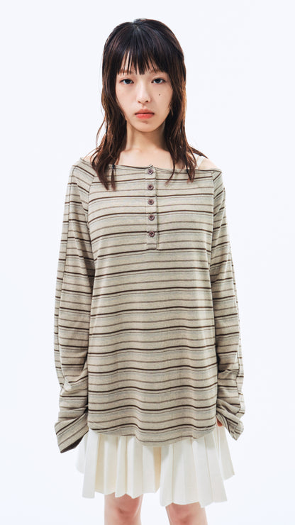 Aoki off-shoulder border top (beige)