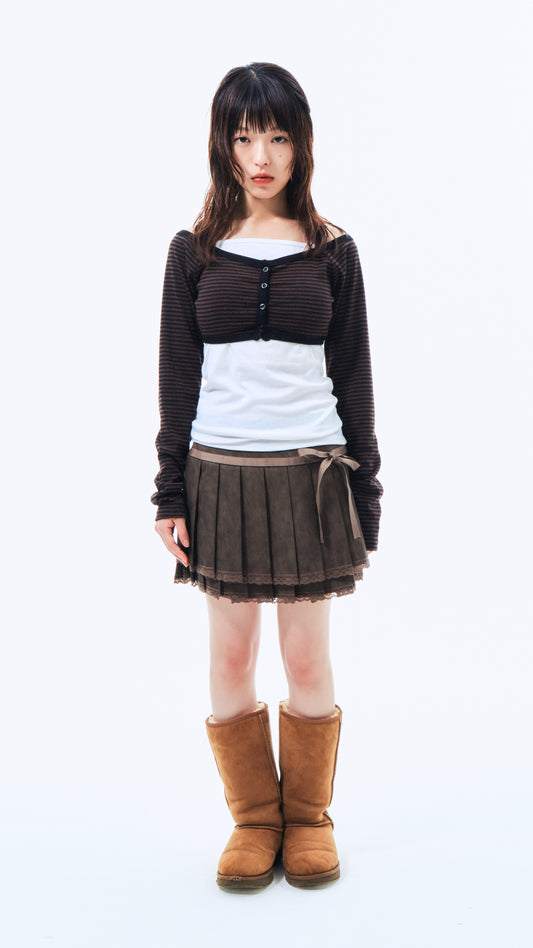 Ribbon pleated leather skirt (brown)