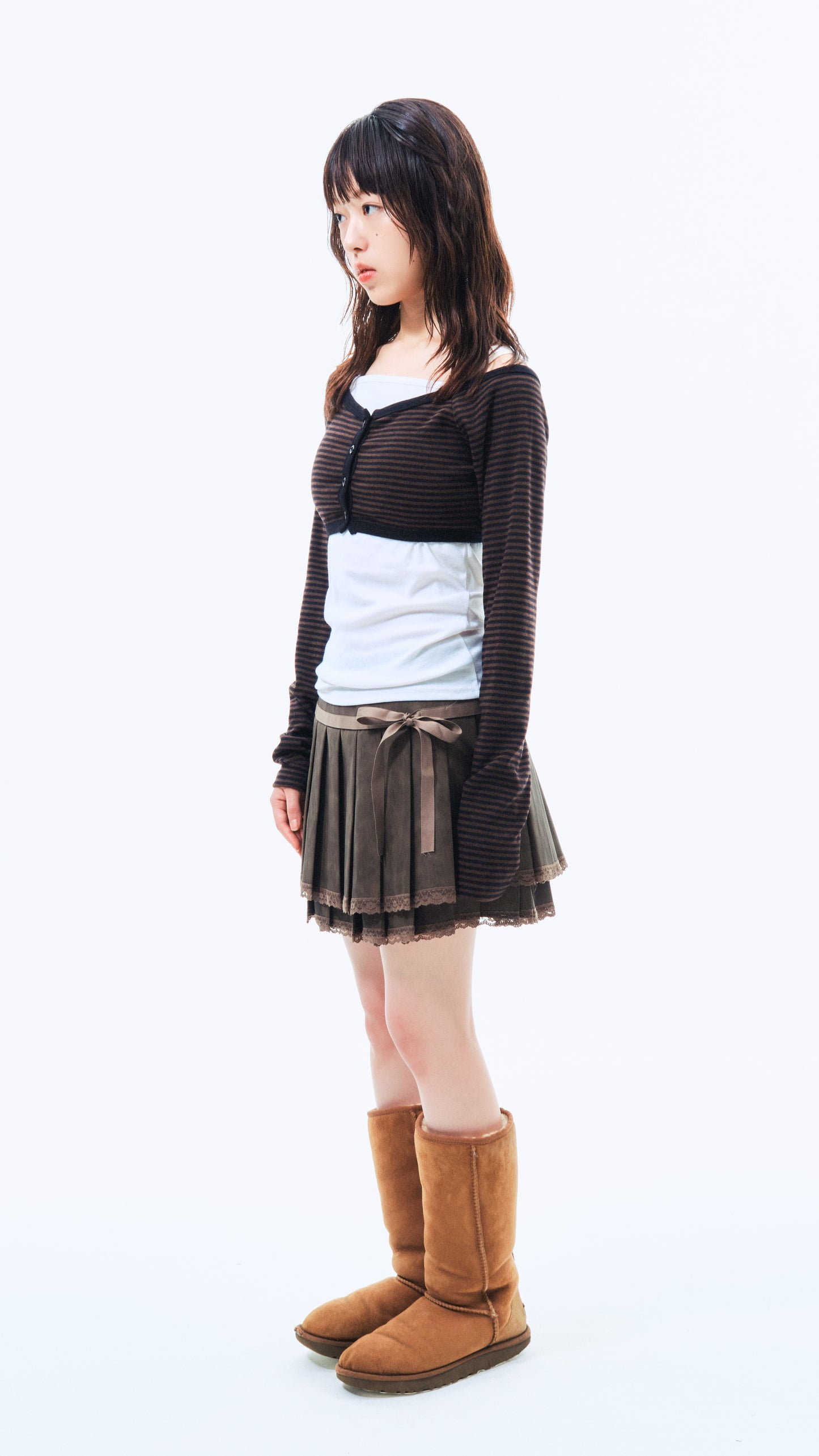 Ribbon pleated leather skirt (brown)