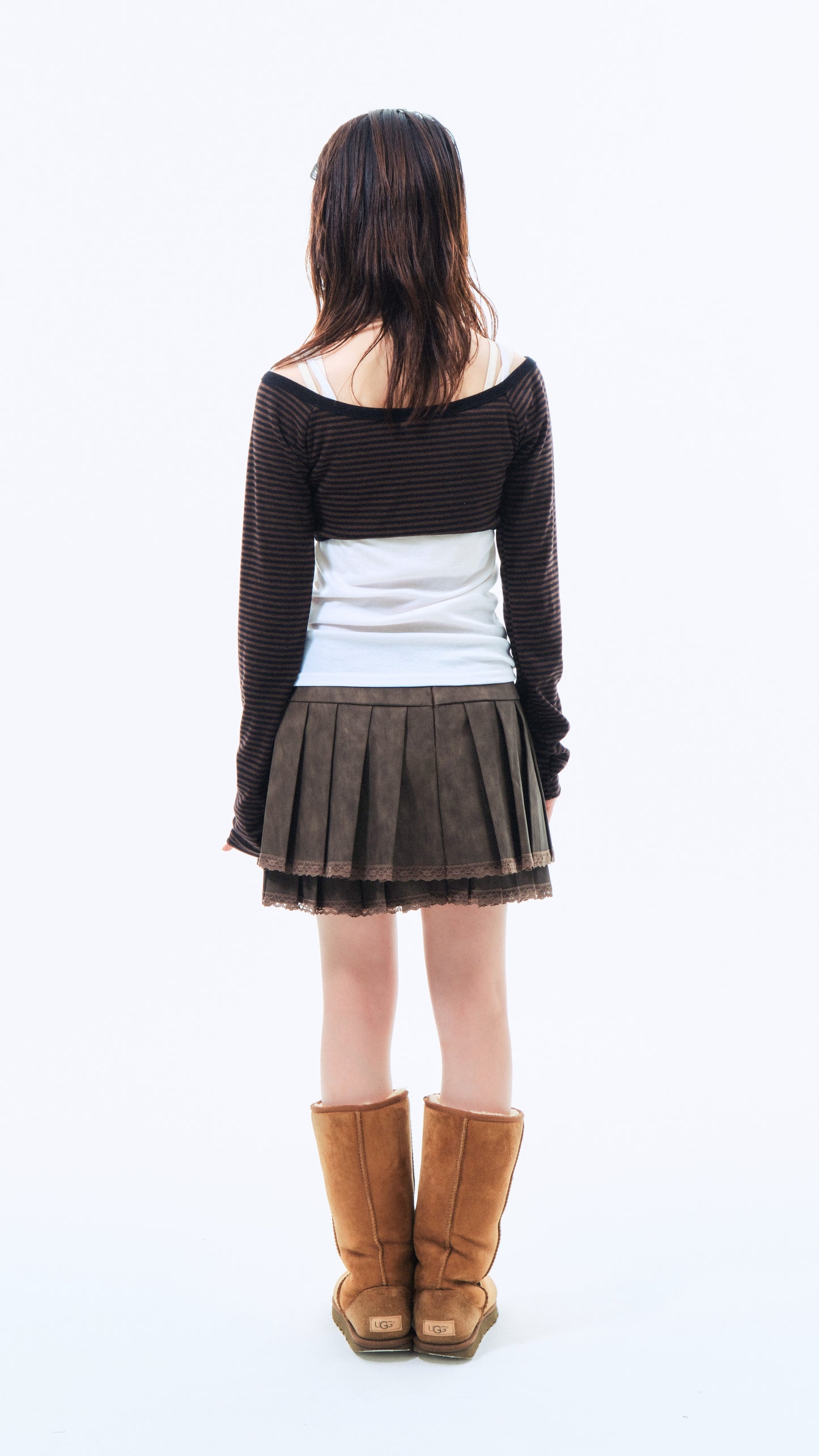 Ribbon pleated leather skirt (brown)