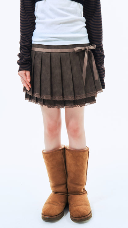 Ribbon pleated leather skirt (brown)