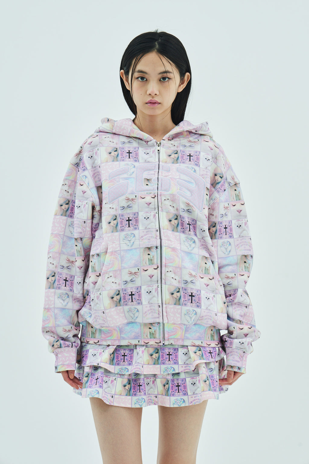 Goth stamp patch zip hoodie