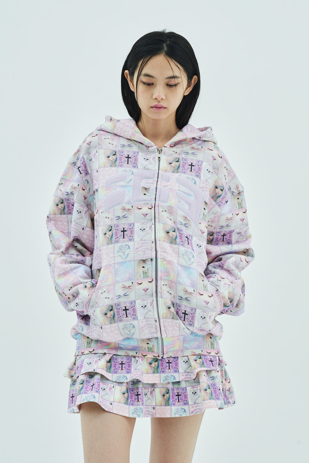 Goth stamp patch zip hoodie