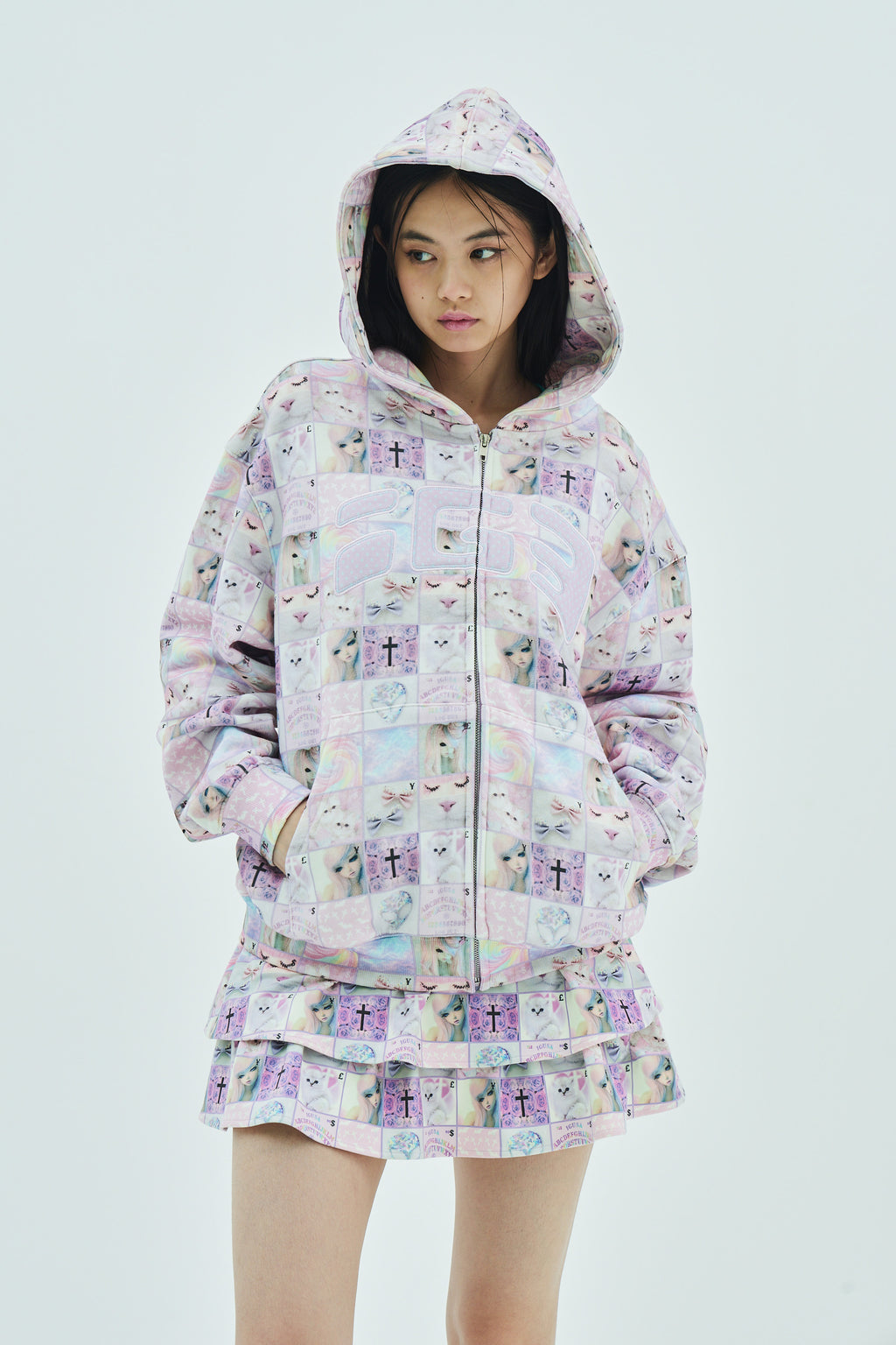 Goth stamp patch zip hoodie