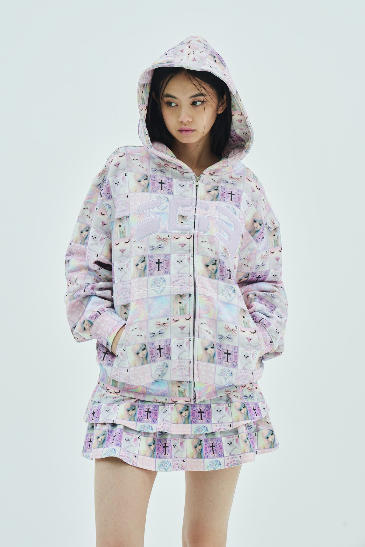 Goth stamp patch zip hoodie