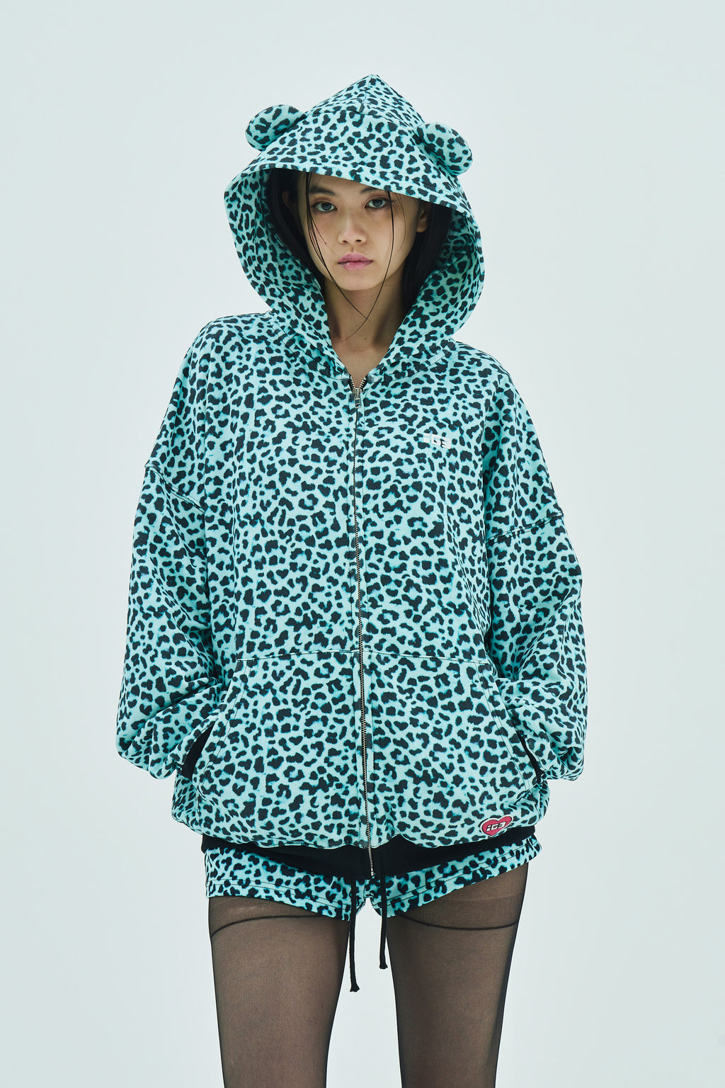 Mint leopard bear zip hoodie