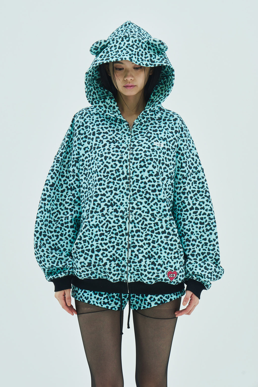 Mint leopard bear zip hoodie