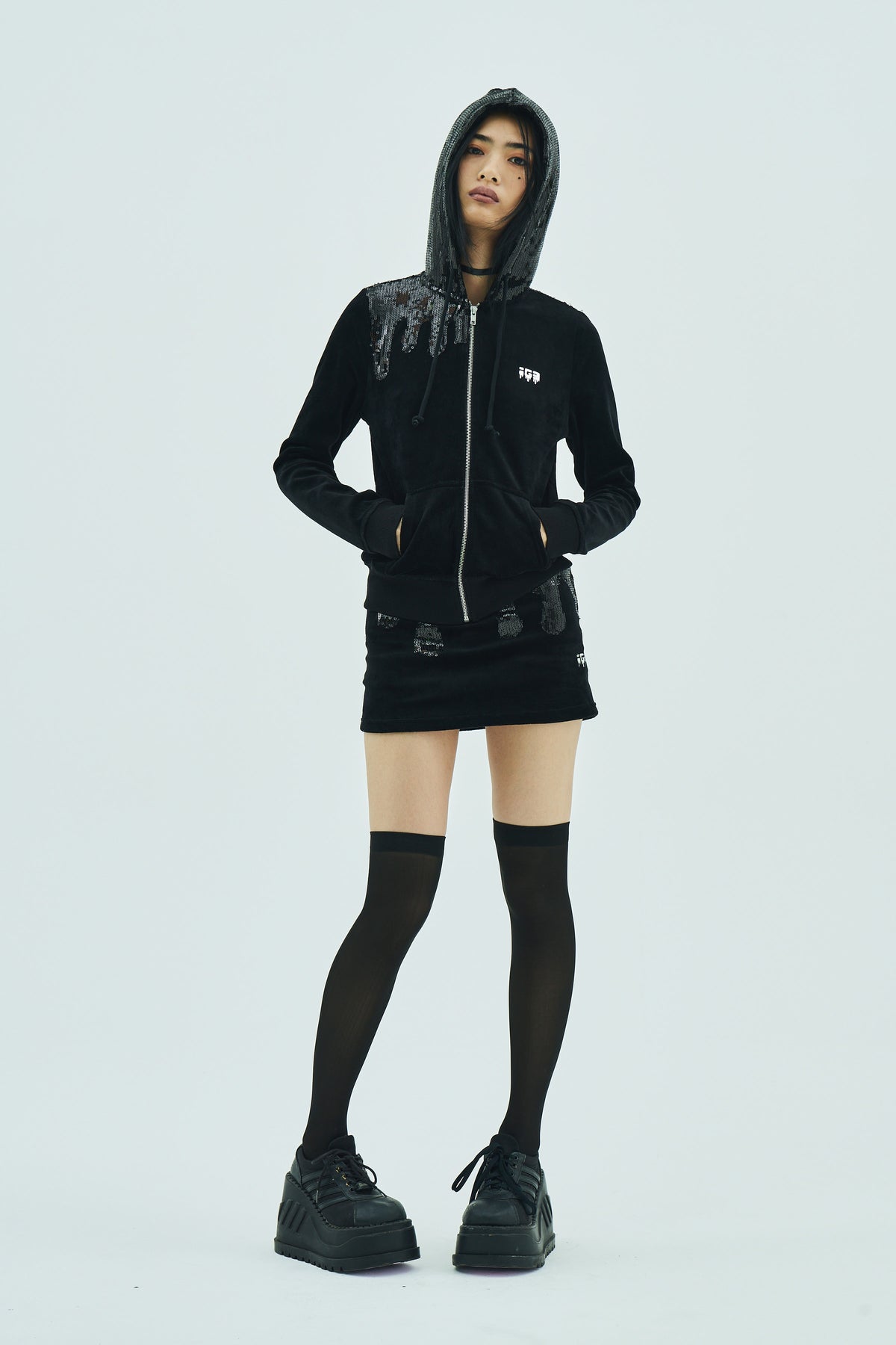 Melt Velour Zip Hoodie Black Sequin