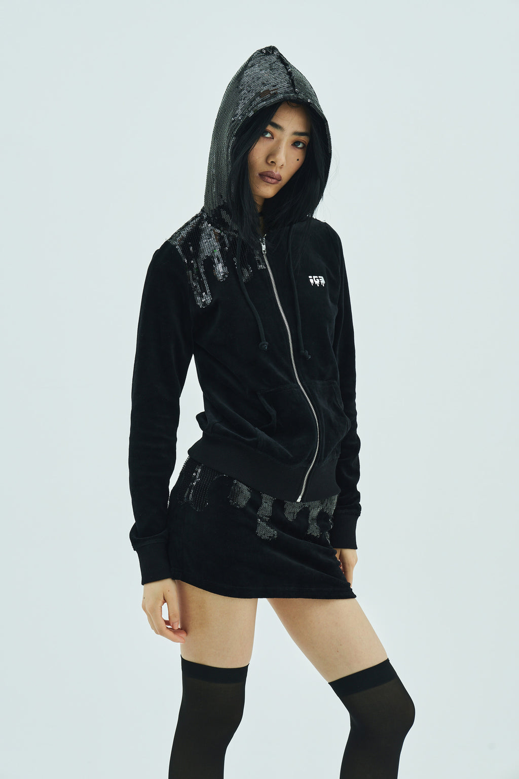 Melt Velour Zip Hoodie Black Sequin