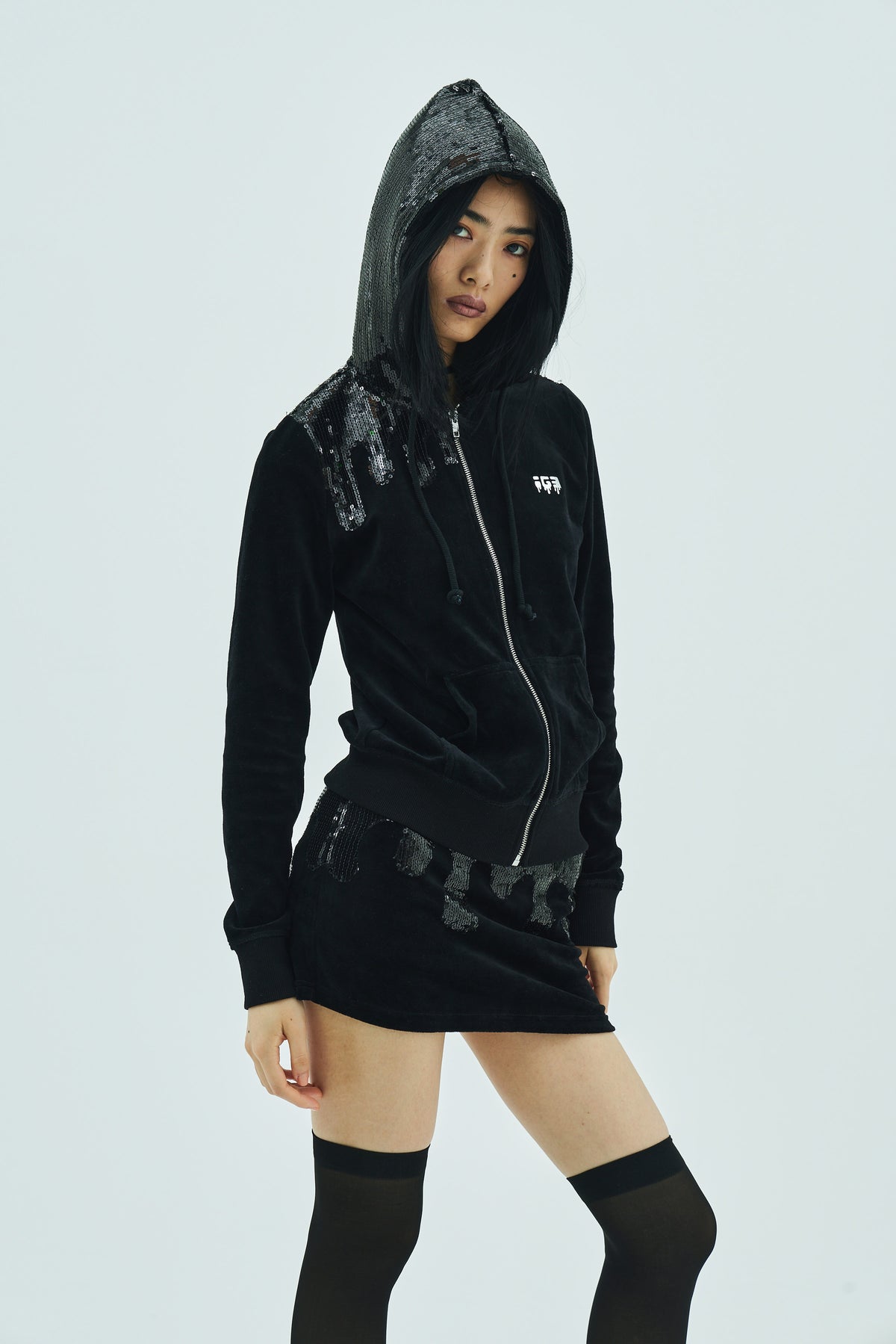 Melt Velour Zip Hoodie Black Sequin