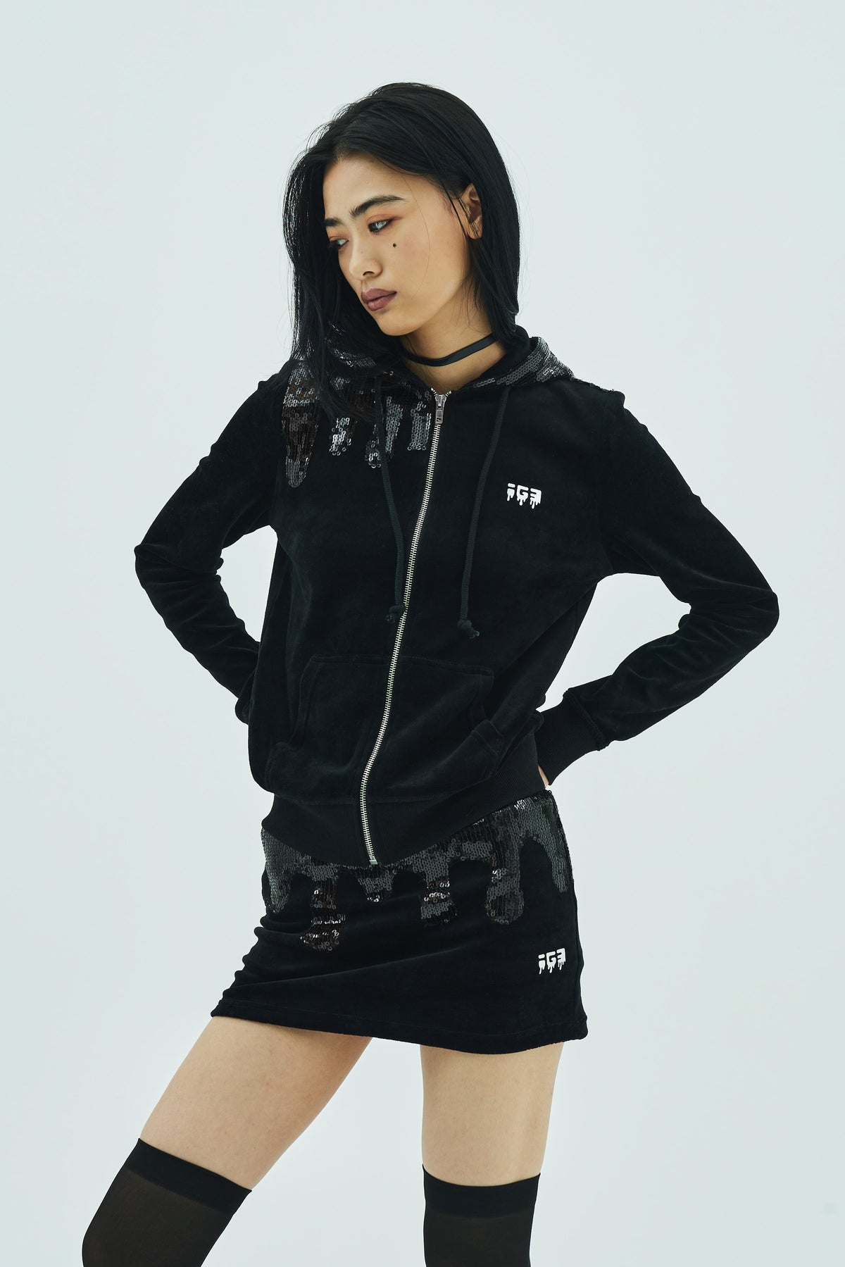 Melt Velour Zip Hoodie Black Sequin