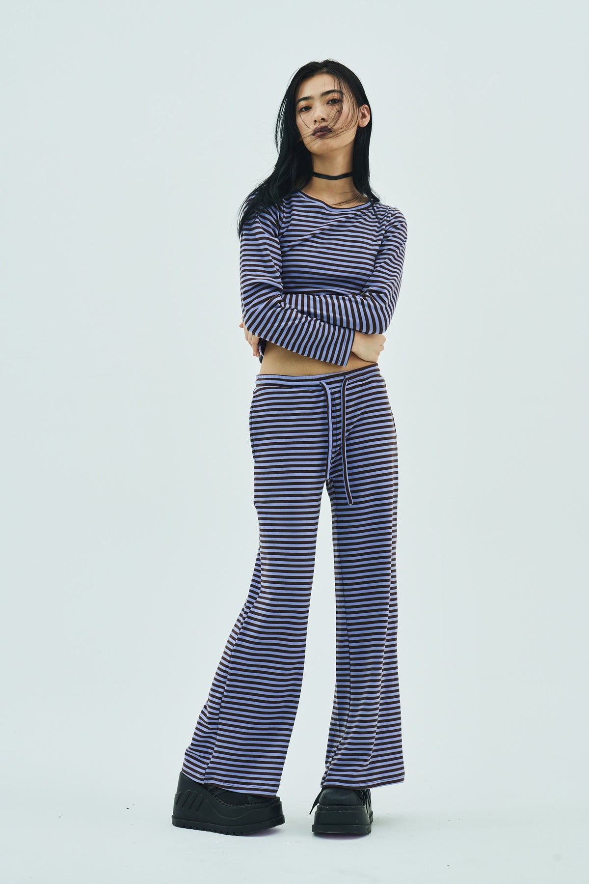 Milk Stripe Fleece Bootcut Pants Blackberry