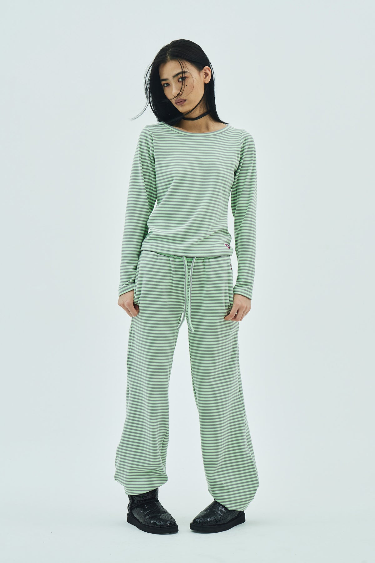 Milk Stripe Fleece Bootcut Pants Mint