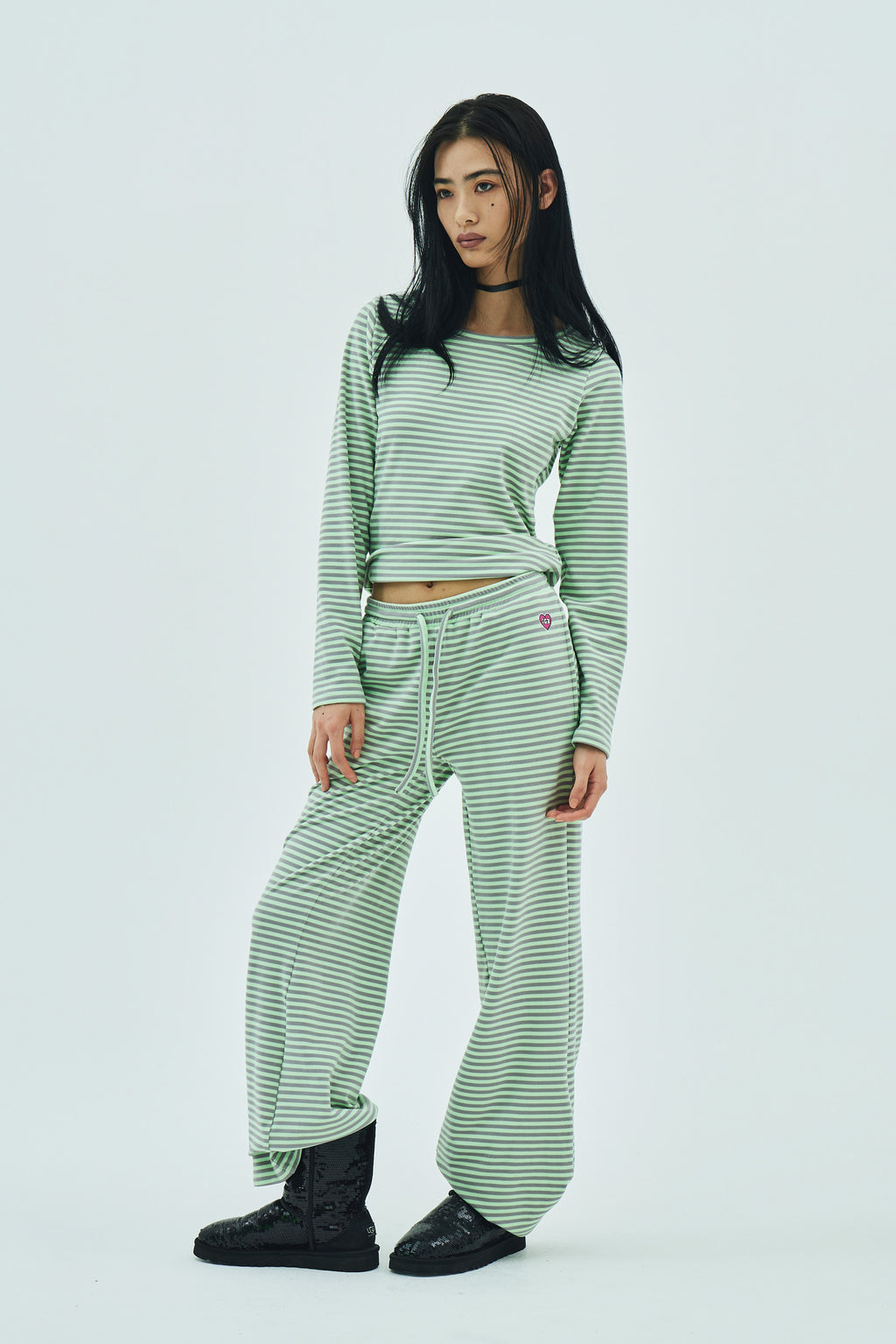 Milk Stripe Fleece Bootcut Pants Mint