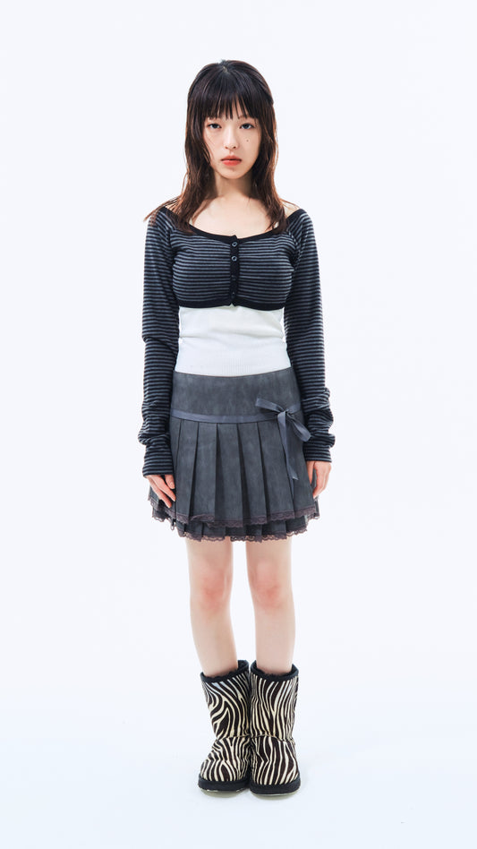 Ribbon pleated leather skirt (gray)