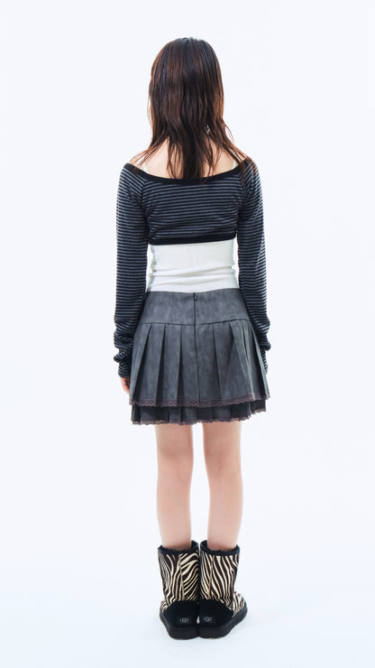 Ribbon pleated leather skirt (gray)