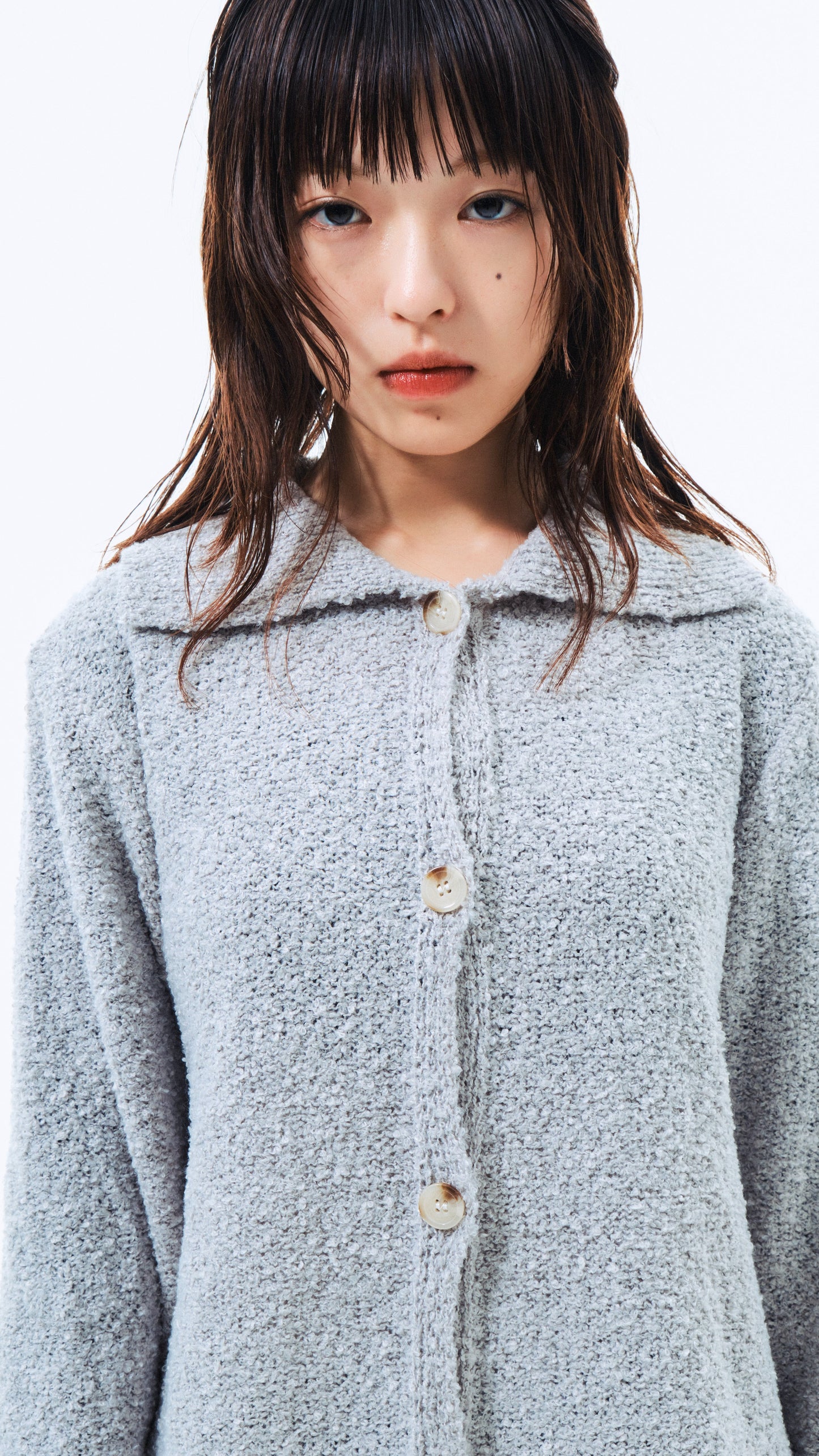 Boucle knit button cardigan (gray)