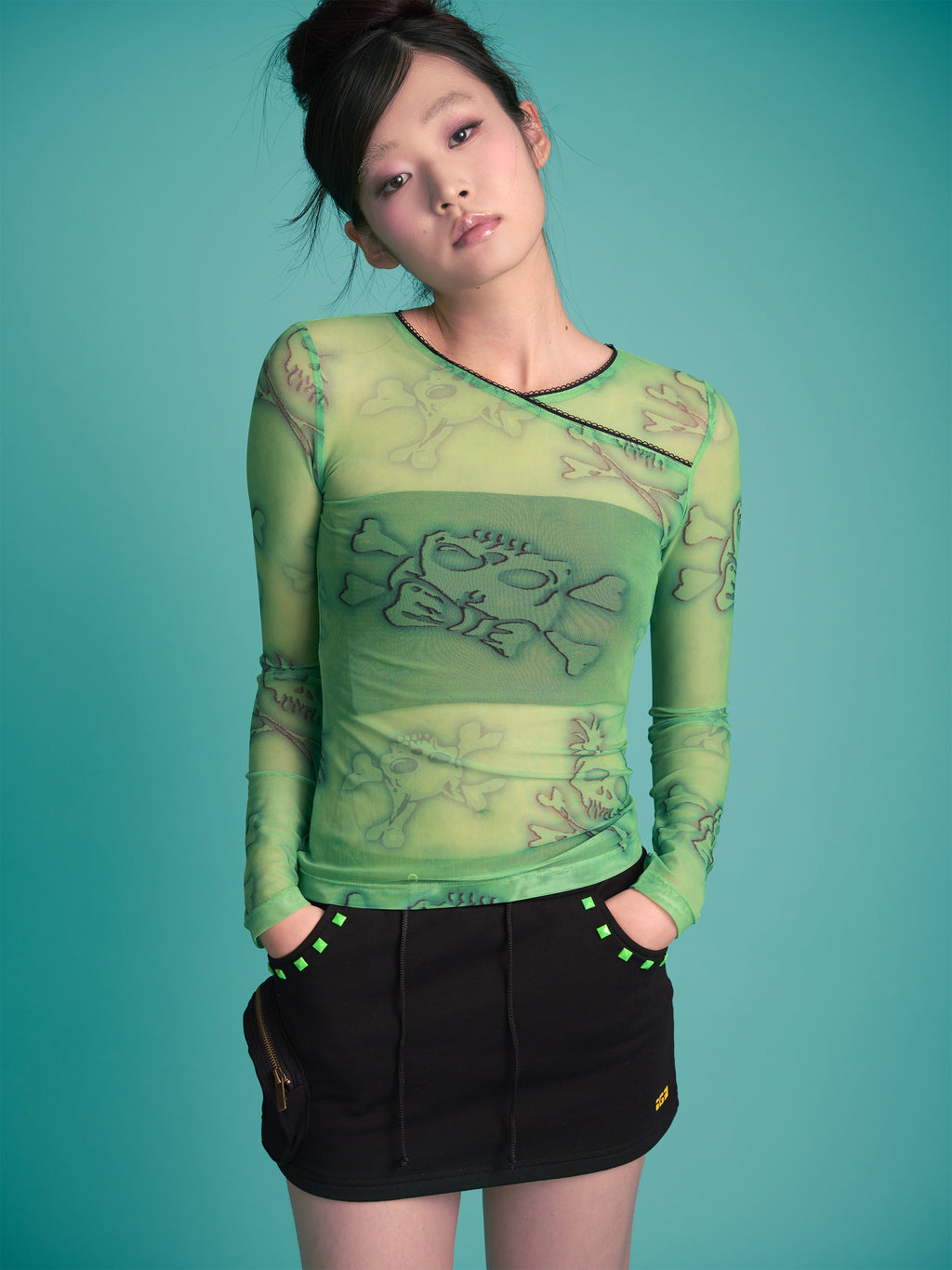 Skull Print Long Sleeve Mesh Top