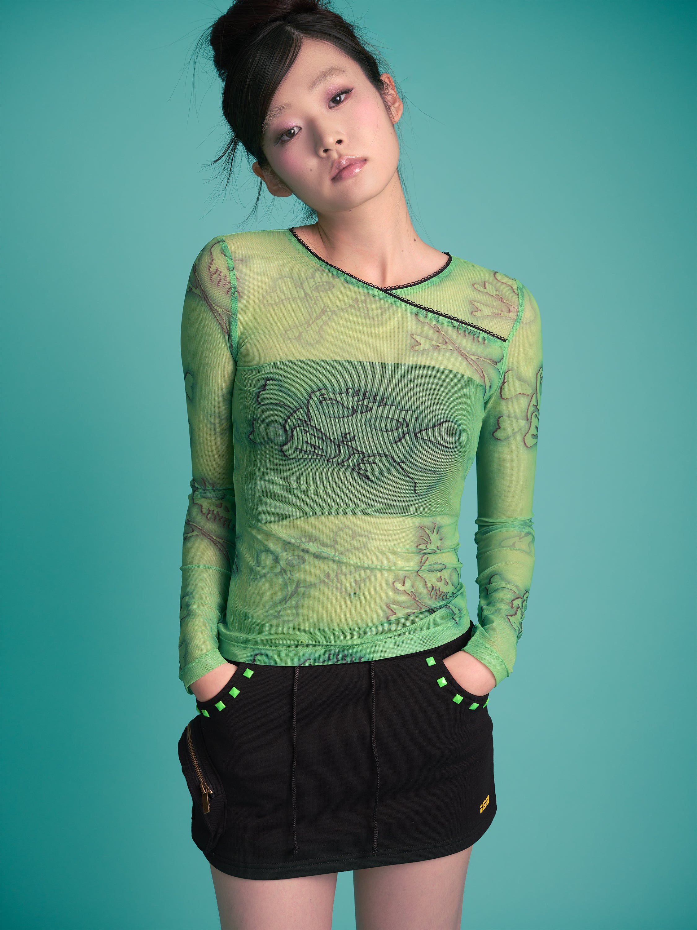 Skull Print Long Sleeve Mesh Top
