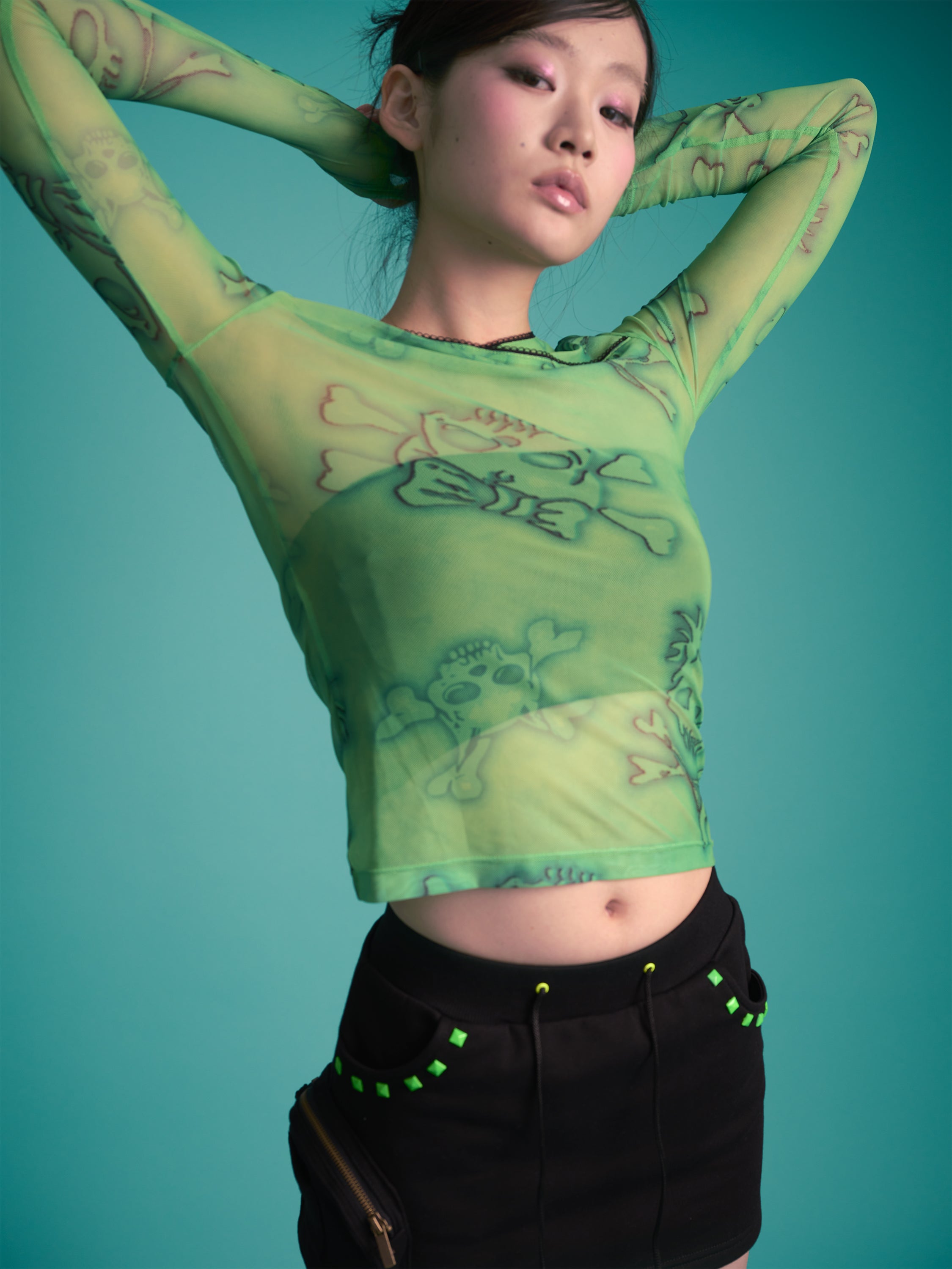Skull Print Long Sleeve Mesh Top