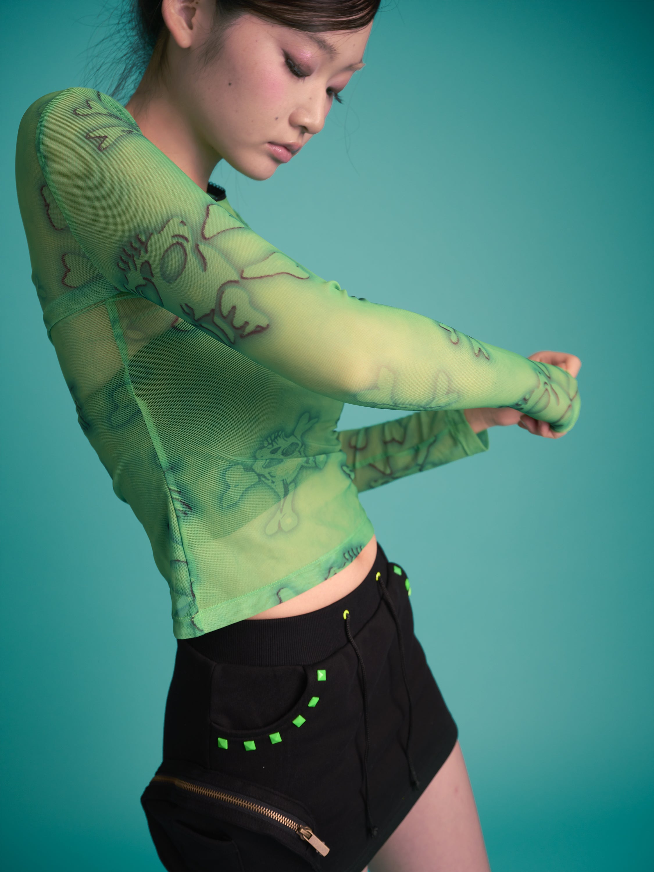 Skull Print Long Sleeve Mesh Top