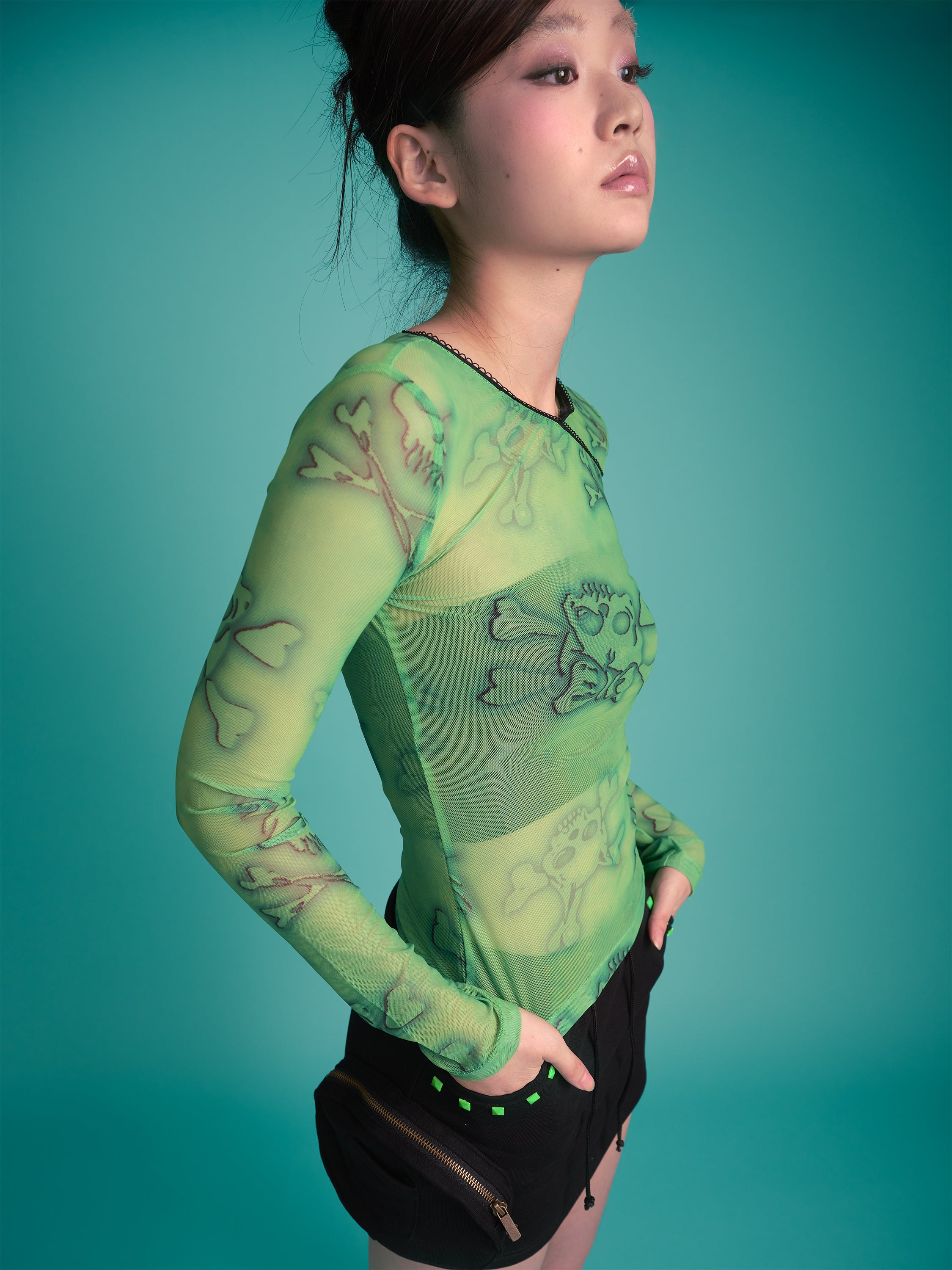 Skull Print Long Sleeve Mesh Top