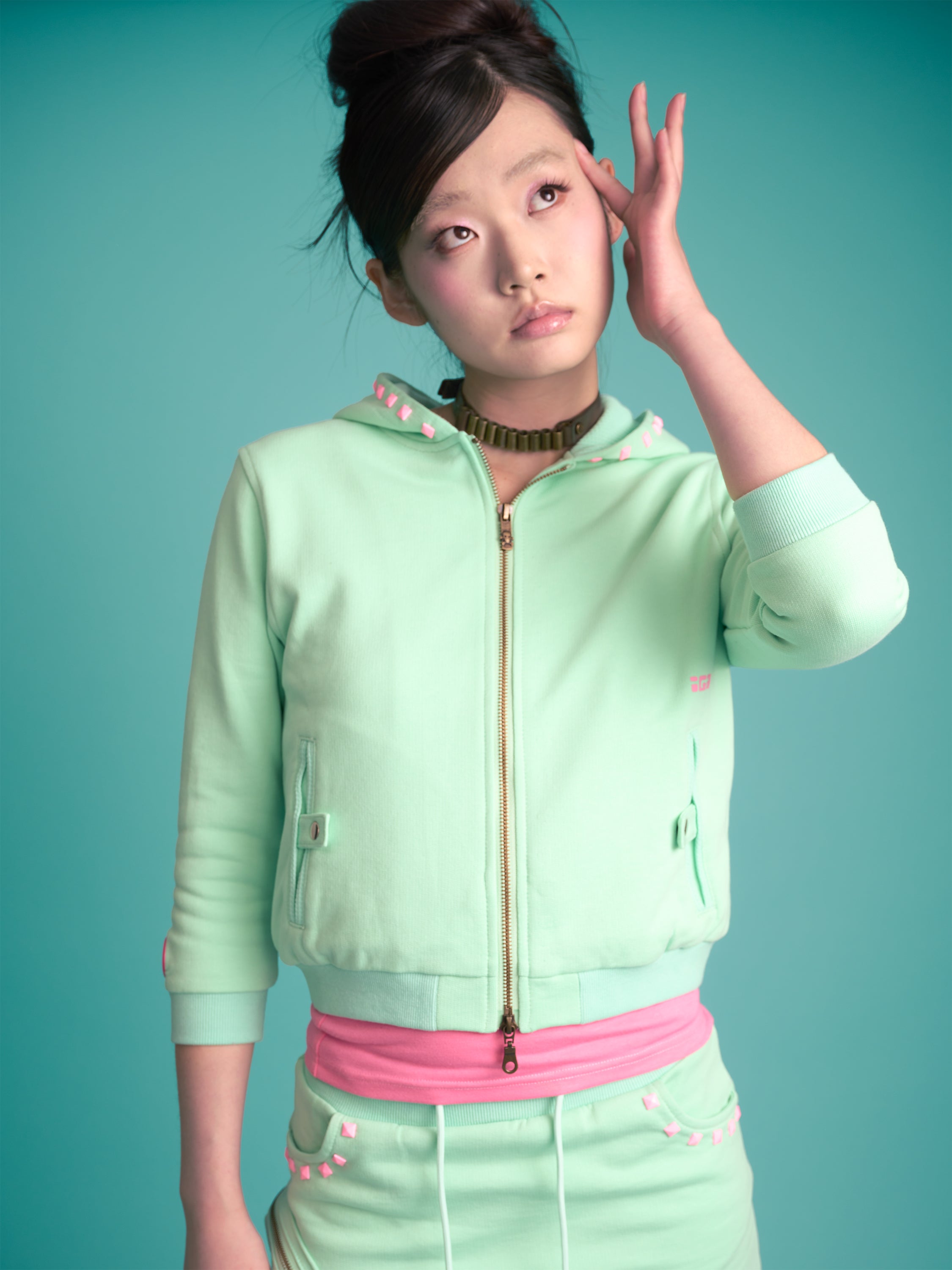 Monster Stud 3/4 Zip Hoodie (Mint)