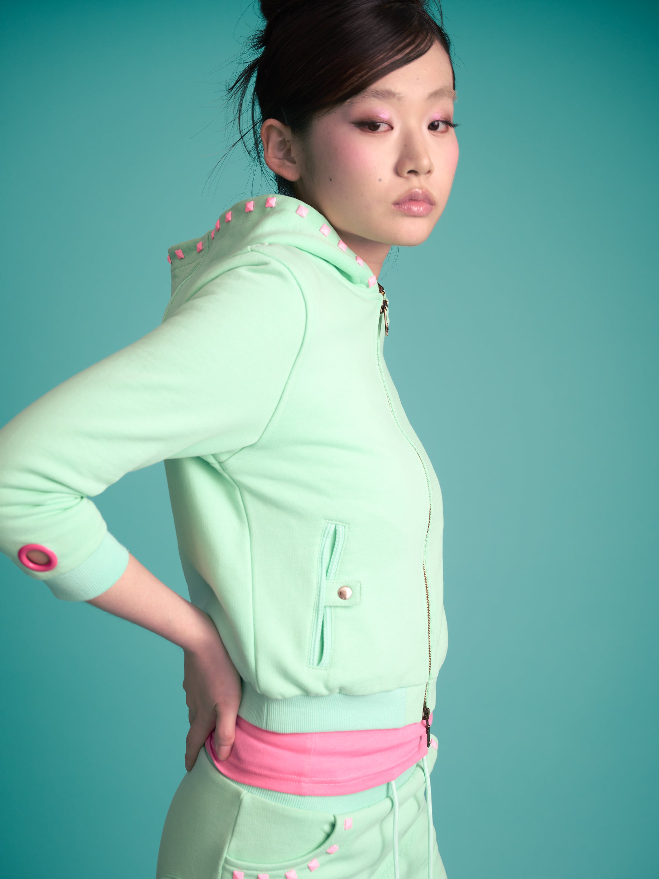 Monster Stud 3/4 Zip Hoodie (Mint)