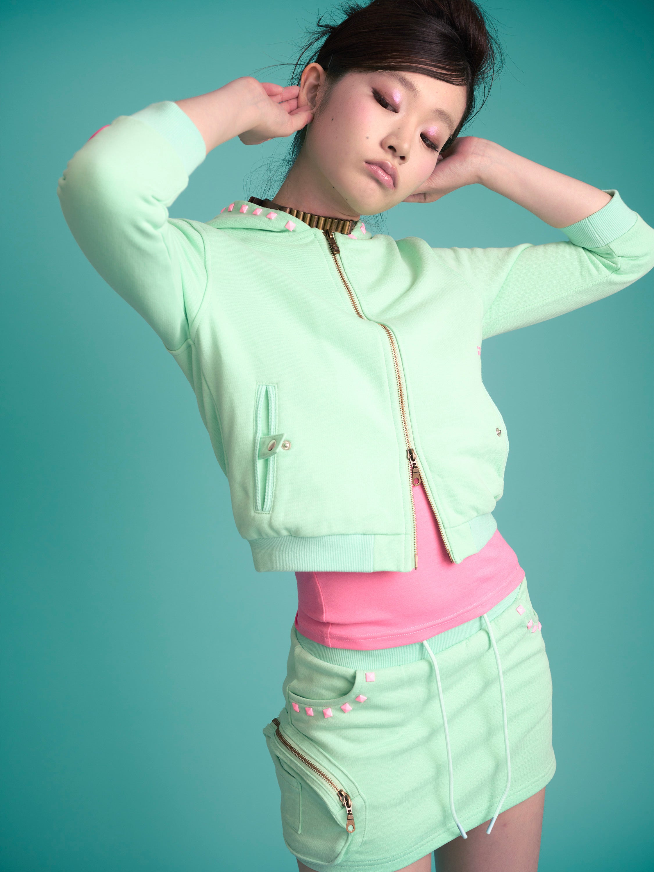 Monster Stud 3/4 Zip Hoodie (Mint)