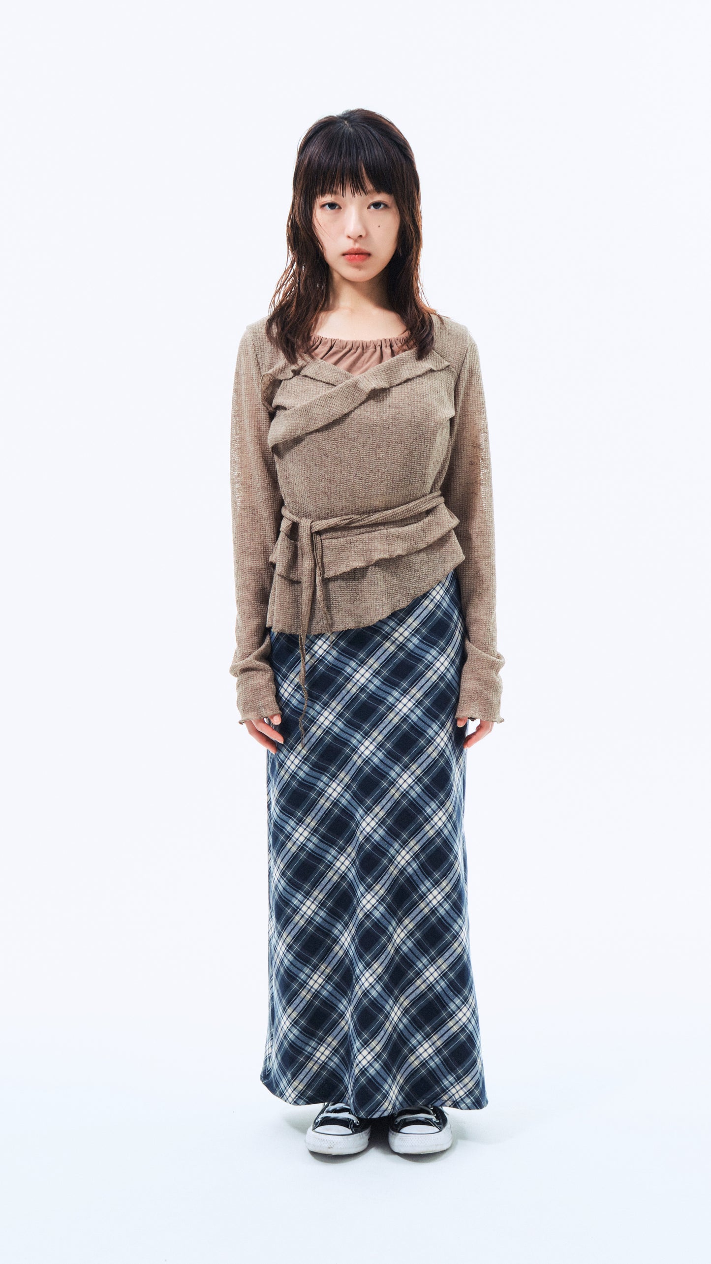 Navy check long skirt