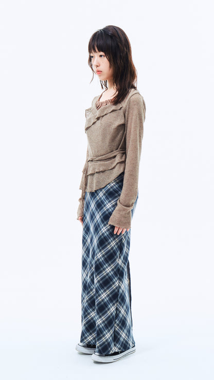 Navy check long skirt