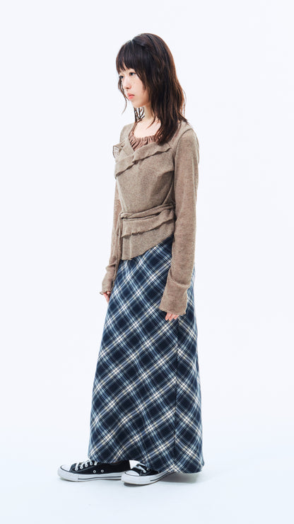 Navy check long skirt