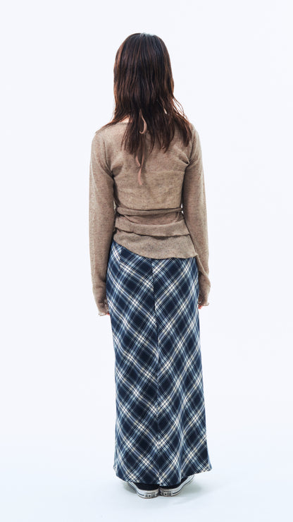 Navy check long skirt