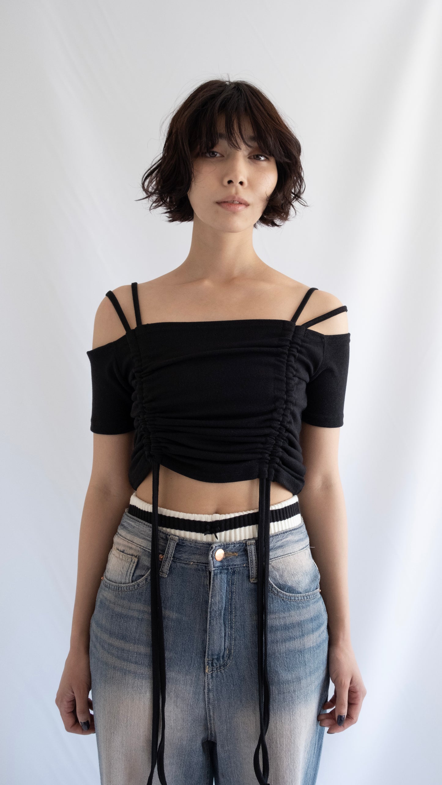 String shirring off shoulder top (black)