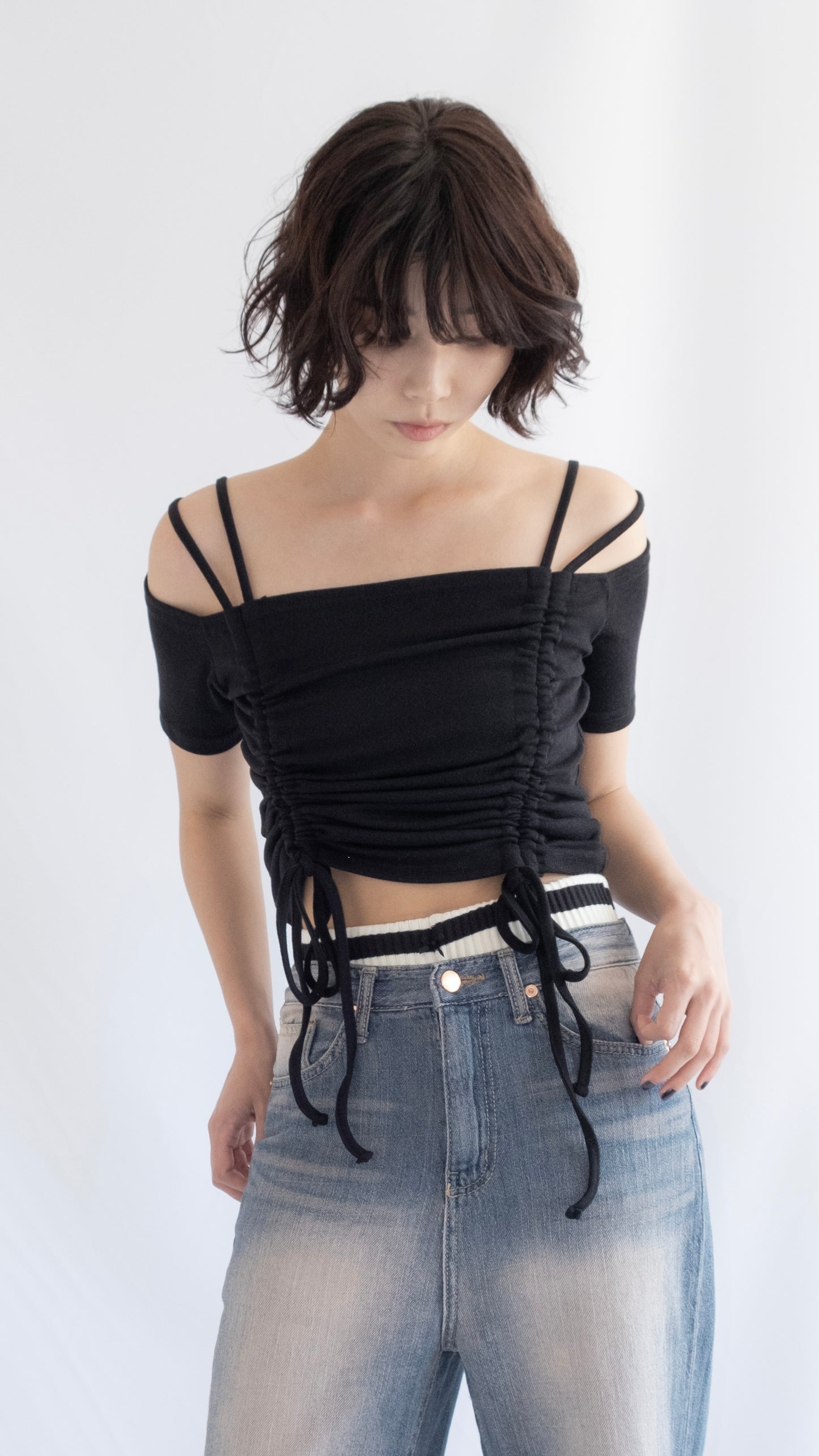 String shirring off shoulder top (black)