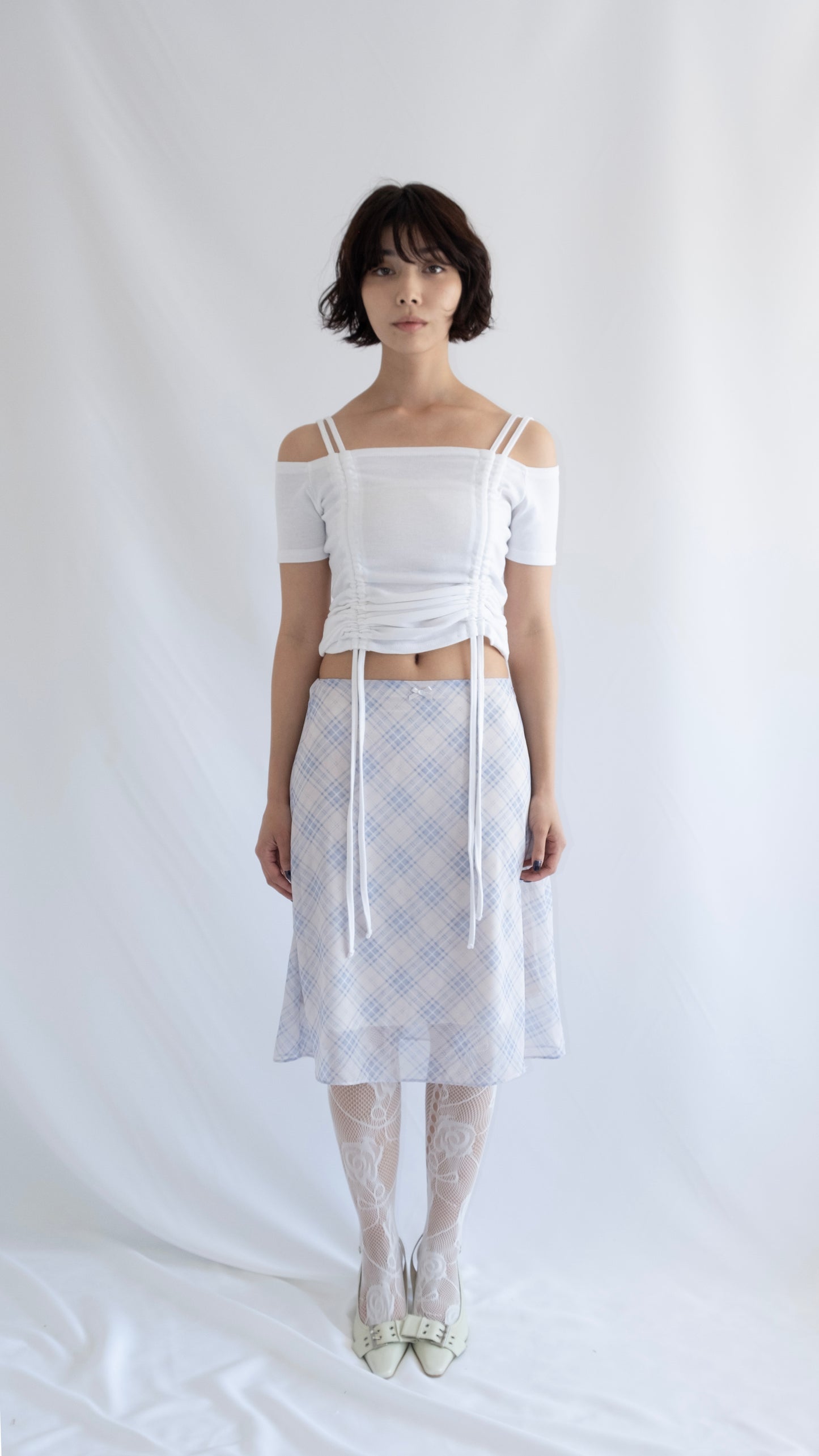 Check chiffon midi skirt (skyblue)