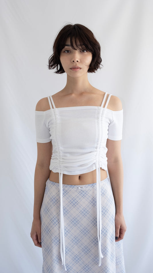 String shirring off shoulder top (white)