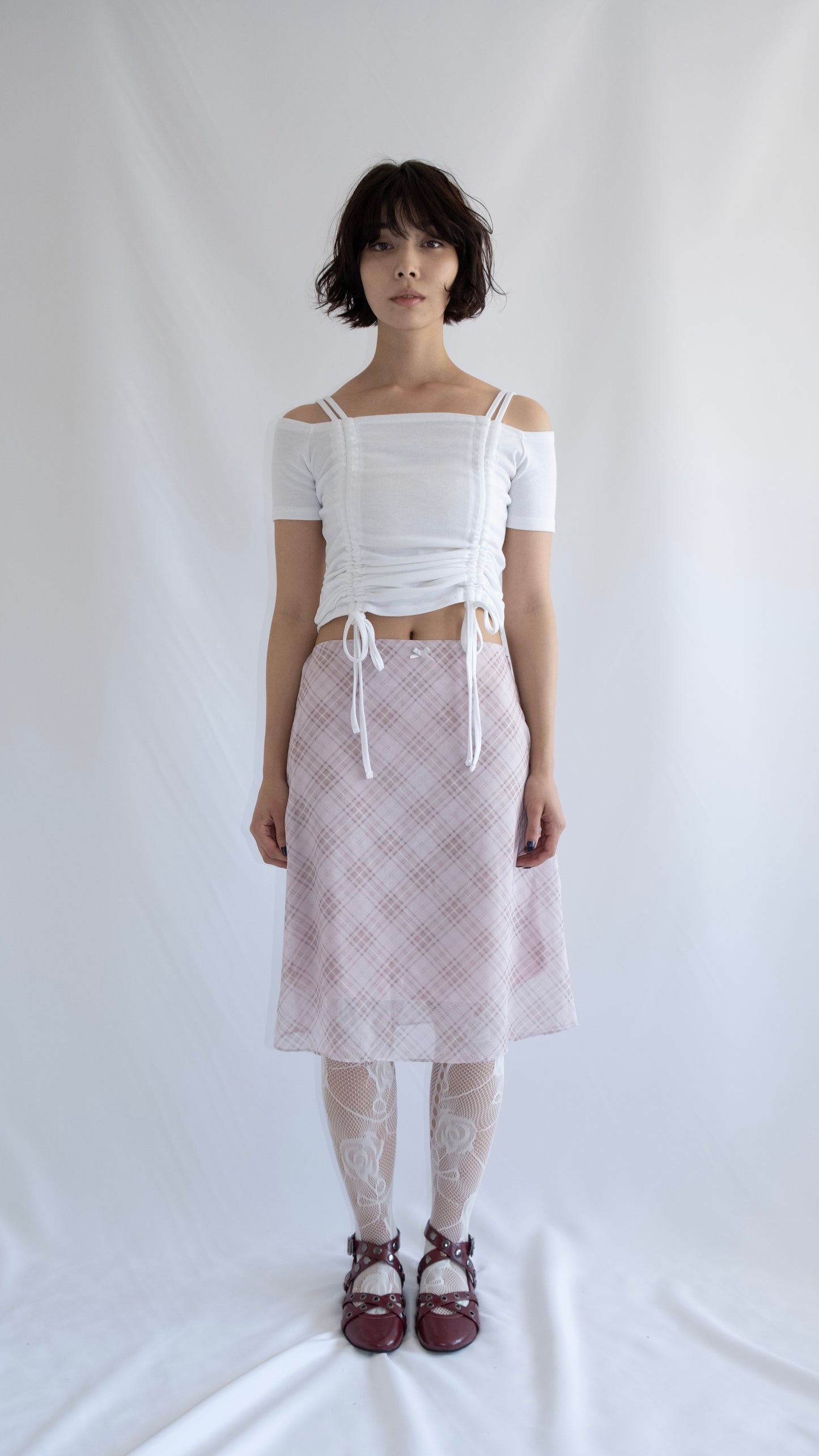 Check chiffon midi skirt (pink)