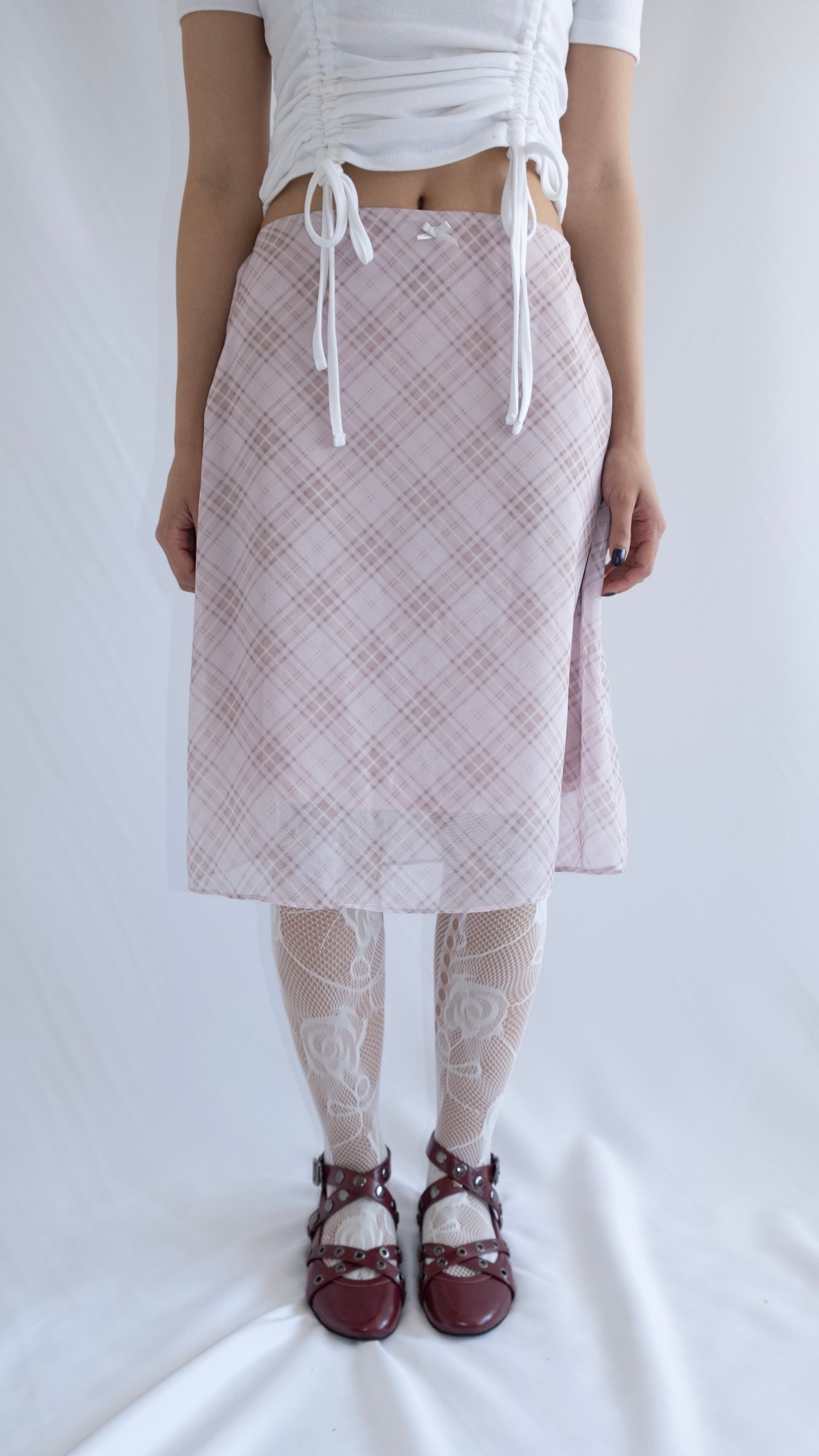 Check chiffon midi skirt (pink)