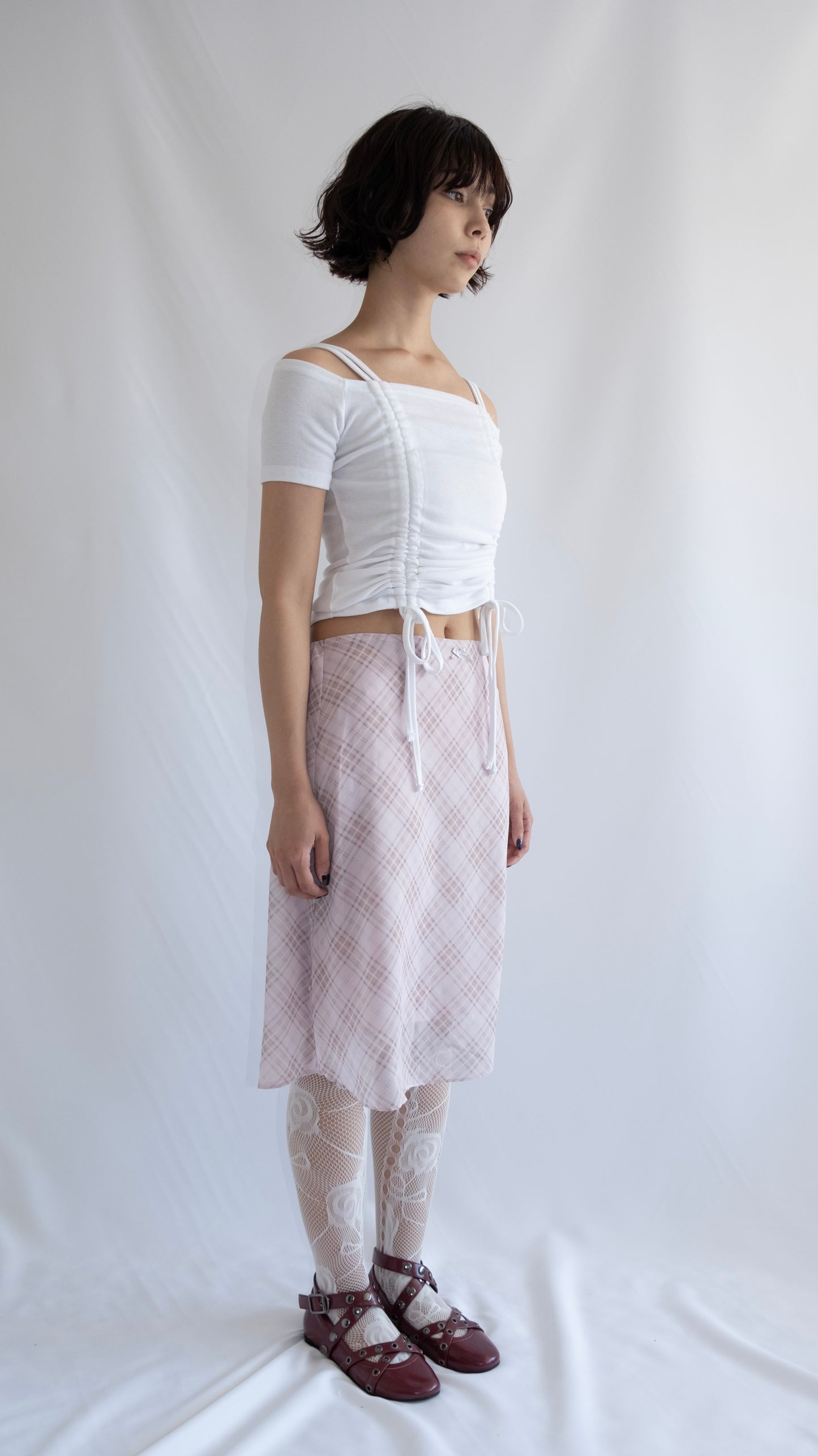 Check chiffon midi skirt (pink)