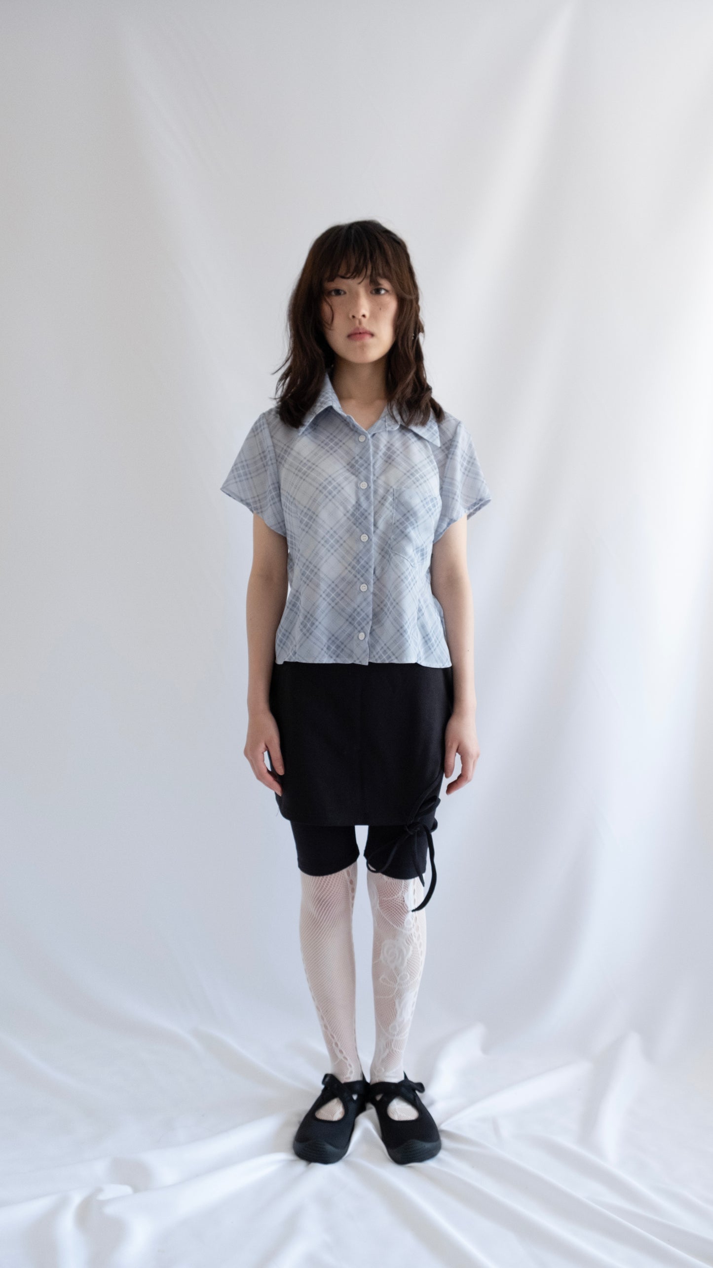 Check chiffon shirts (sky blue)