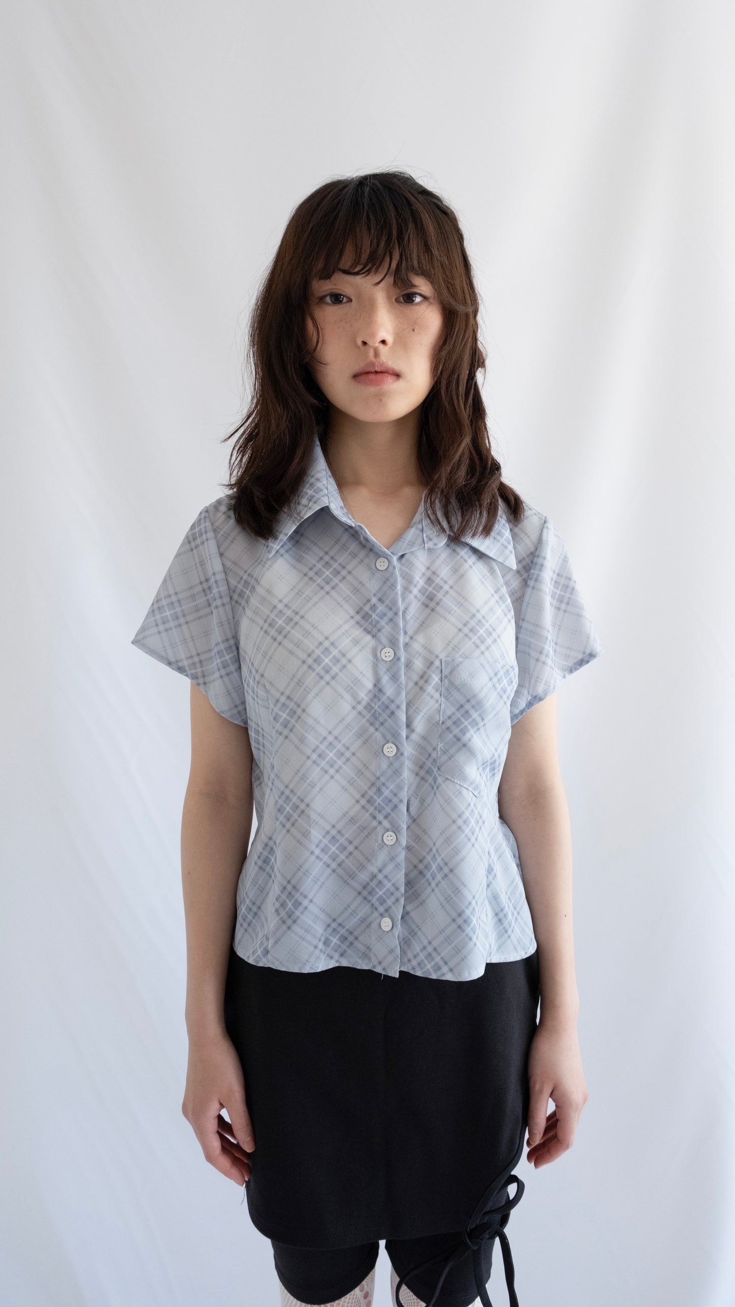 Check chiffon shirts (sky blue)